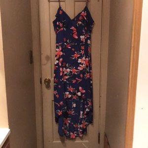 Blue high low dress with pink and white flowers XL